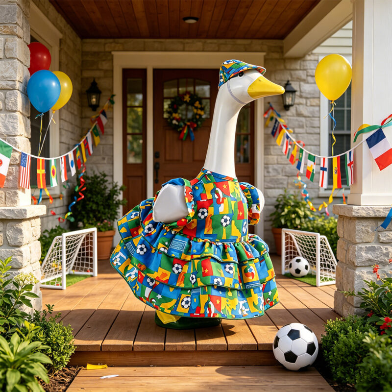 New Style Porch Goose Clothing with World Cup Football Map Print, 23inch Big White Goose Clothing Wholesale from Manufacturer