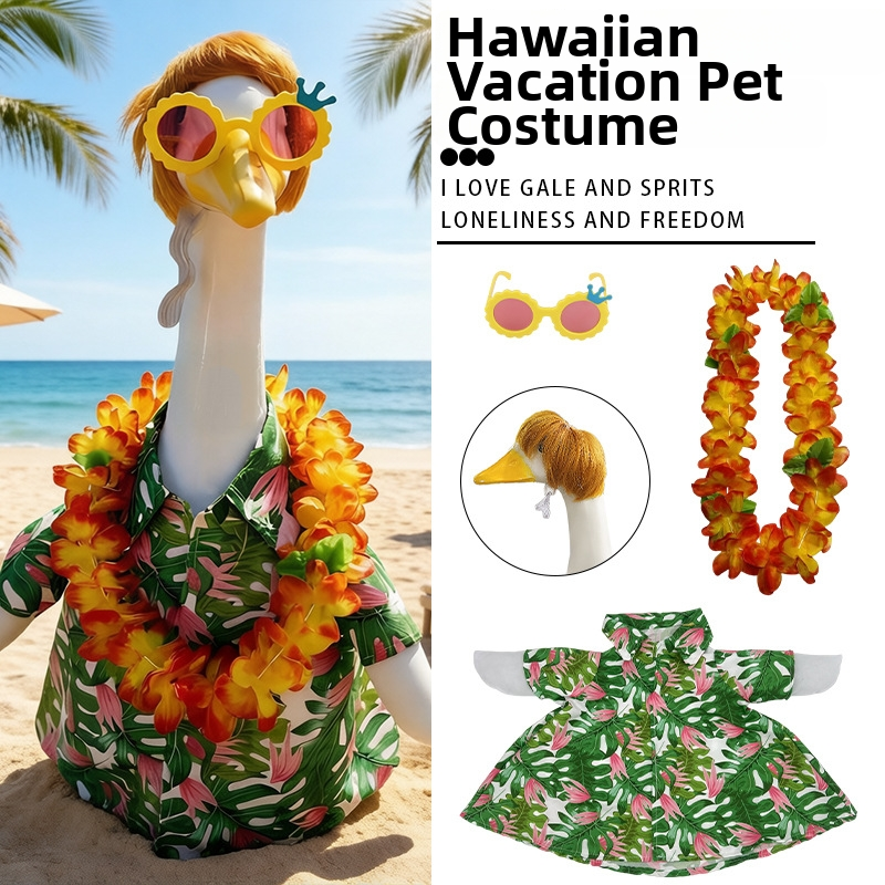 Hawaii 23inch Porch Goose Costume, Yard Goose Clothes, Straw Hat with Wreath, Glasses, Wig, Yard Garden Decoration
