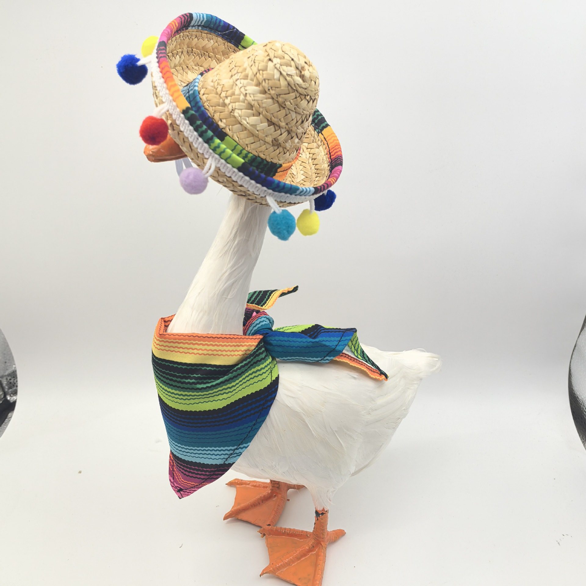 Porch Goose Mexican Style Hat & Scarf Set, Colorful Pom Pom & Striped Decorative Accessories for Large Goose Statues