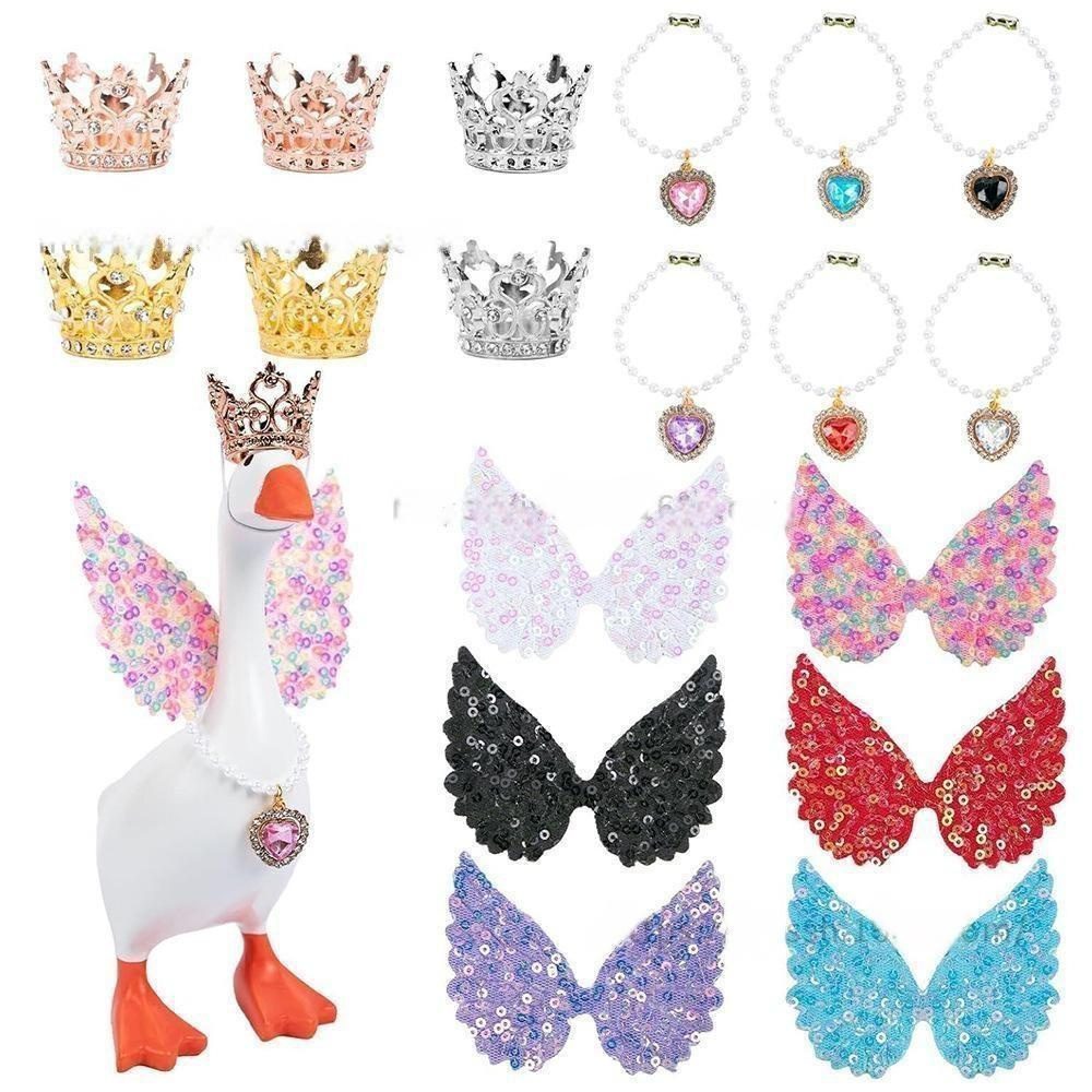 Porch Goose & Desk Goose Ornament Accessories Set - Crown, Pearl Necklace, Wings & Glasses for White Goose Statues