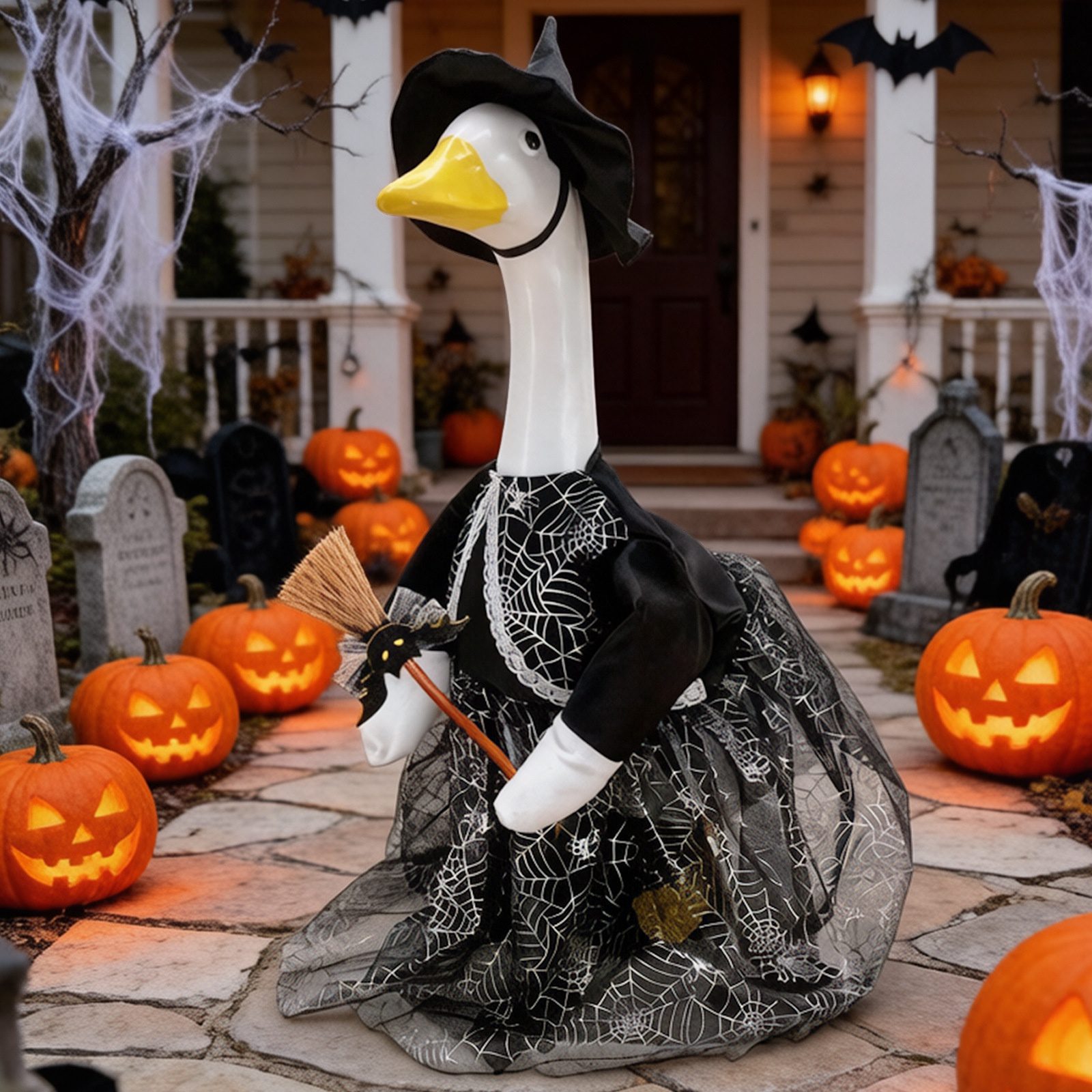 Halloween 2026 Porch Goose Decoration Witch Hat Broom Large White Goose Costume Horror Style Yard Decorations - Image 2