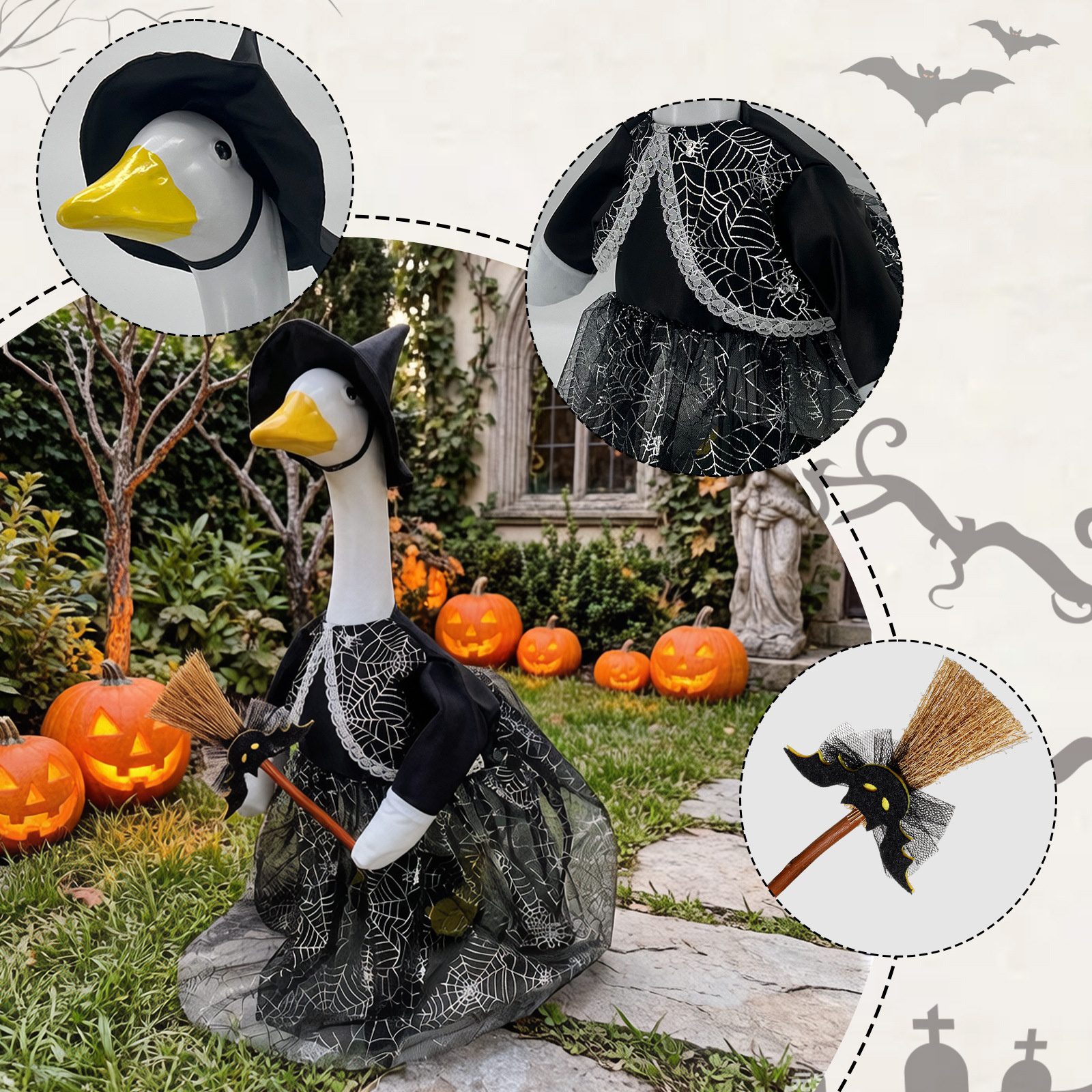 Halloween 2026 Porch Goose Decoration Witch Hat Broom Large White Goose Costume Horror Style Yard Decorations - Image 5