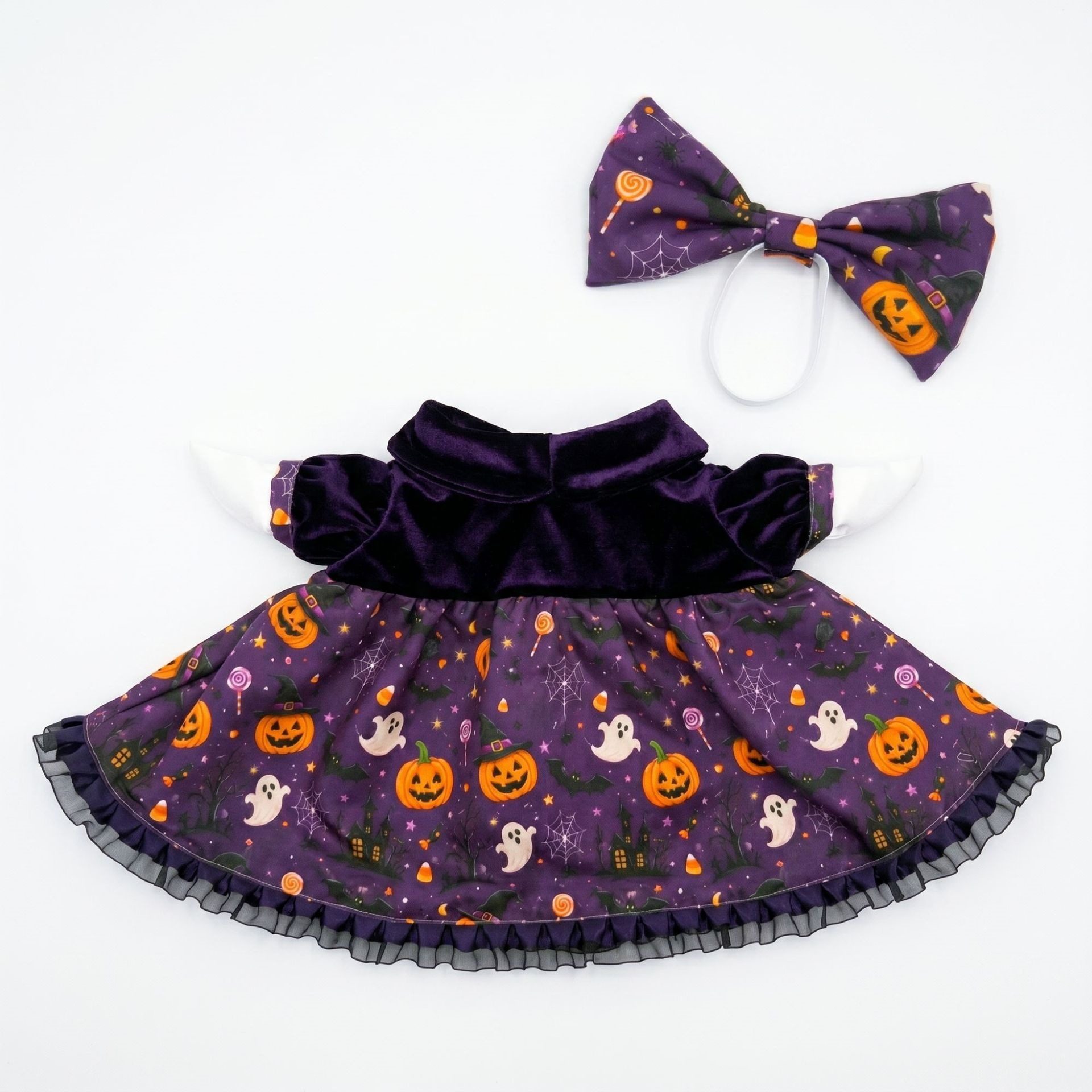 American Style Purple Velvet Printed Porch Goose Costume Set, Halloween Creative Decor Outfit with Skirt & Bowknot for Yard Goose Statue - Image 5