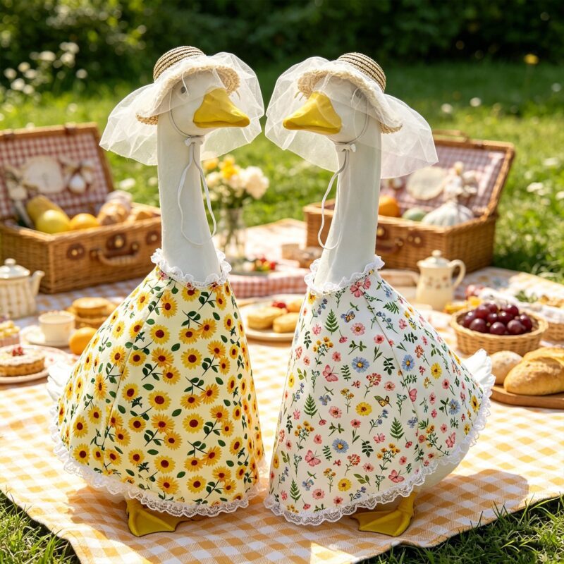 New Pastoral Style Porch Goose Costume Set with Floral & Sunflower Outfit plus Hat, 23 Inch Large Goose Garden Yard Decor Outfit