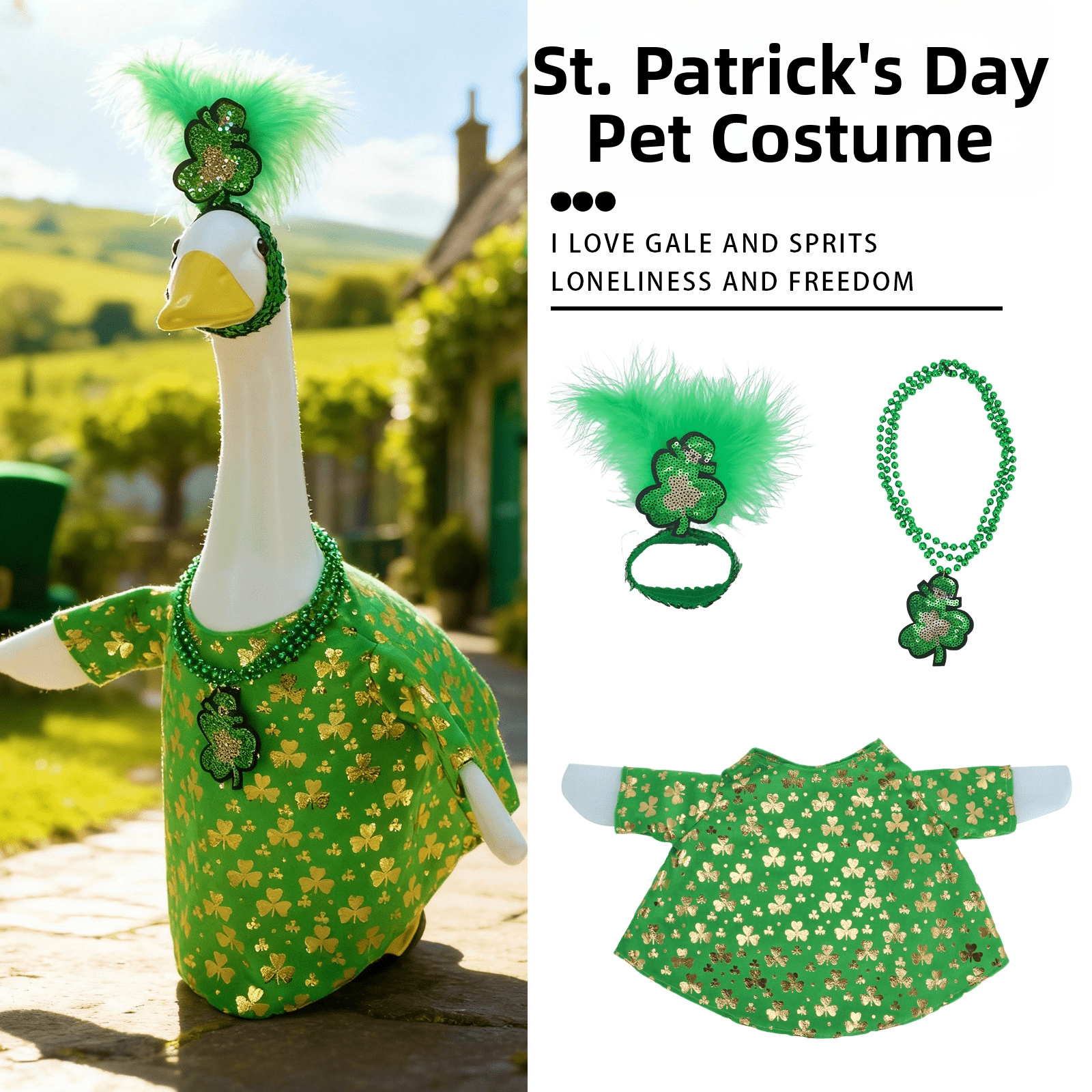 Irish Four-Leaf Clover Porch Goose Costume, Summer Garden Yard Statue Decor Outfit Set