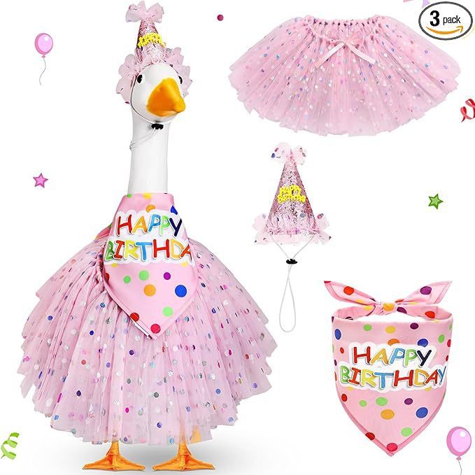 Pink Birthday Porch Goose Costume Set, Fairy Headband with Flower & Iridescent Glitter Skirt, Princess Outfit for Christmas & New Year Large Yard Goose Statue