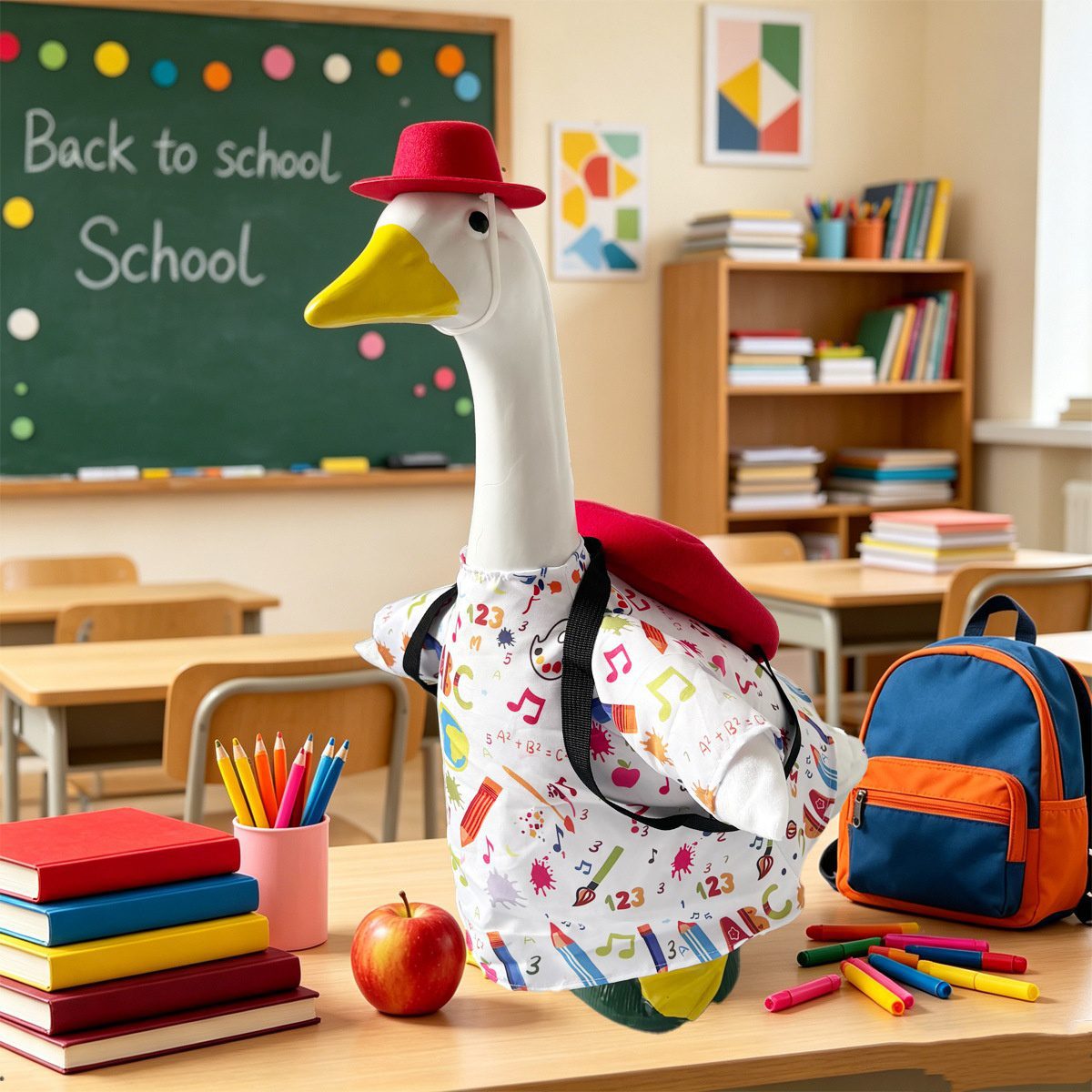 New Creative Back-to-School 3-Piece Porch Goose Costume Set, Sporty Cartoon Outfit for Large White Yard Goose Statue Home Front Door Decor