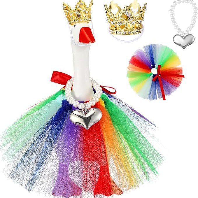 INS Style Mini Desk Goose Crown Hat & Tulle Skirt Set, Heart Necklace Costume for Small Goose Statue Valentine??s Day Pet Decor