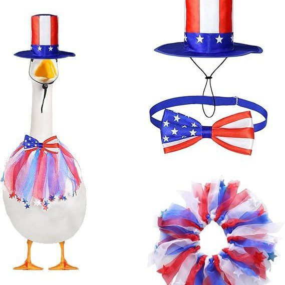 Independence Day Porch White Goose Costume Set, Hat Bow Tie & Scarf Party Accessory for Yard Goose Statue
