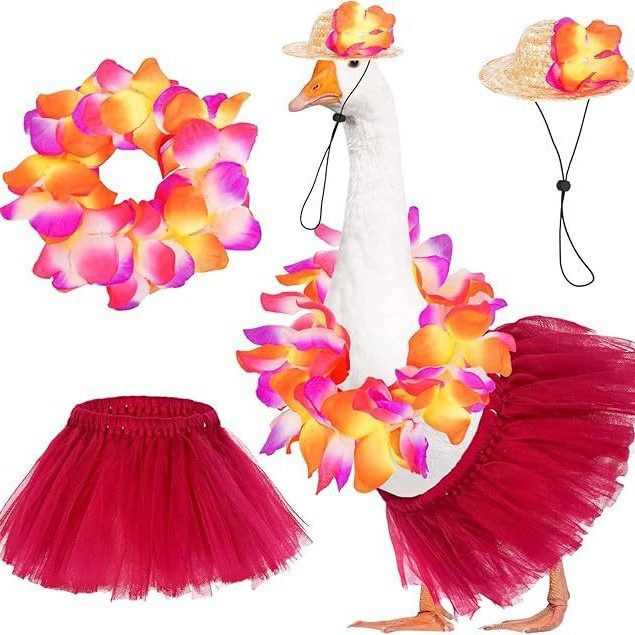 Hawaiian Summer Porch Goose Straw Hat & Floral Wreath Grass Skirt Set, Beach Holiday Floral Pet Costume for Yard Goose Statue Decor