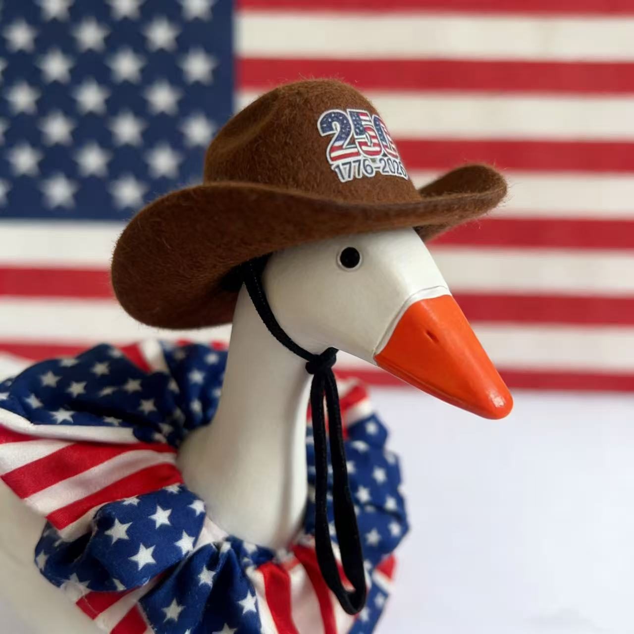 7 Inch Mini Porch Goose Denim Hat Costume Set, Striped Western Outfit for USA 250th Independence Day Small Goose Statue Holiday Party Decor
