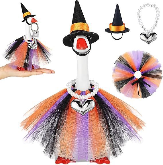 Mini Desk Goose Halloween Hat & Skirt Set with Heart Necklace, Spooky Small Pet Costume Decor Prop for Tabletop Goose Statue