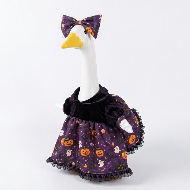 American Style Purple Velvet Printed Porch Goose Costume Set, Halloween Creative Decor Outfit with Skirt & Bowknot for Yard Goose Statue