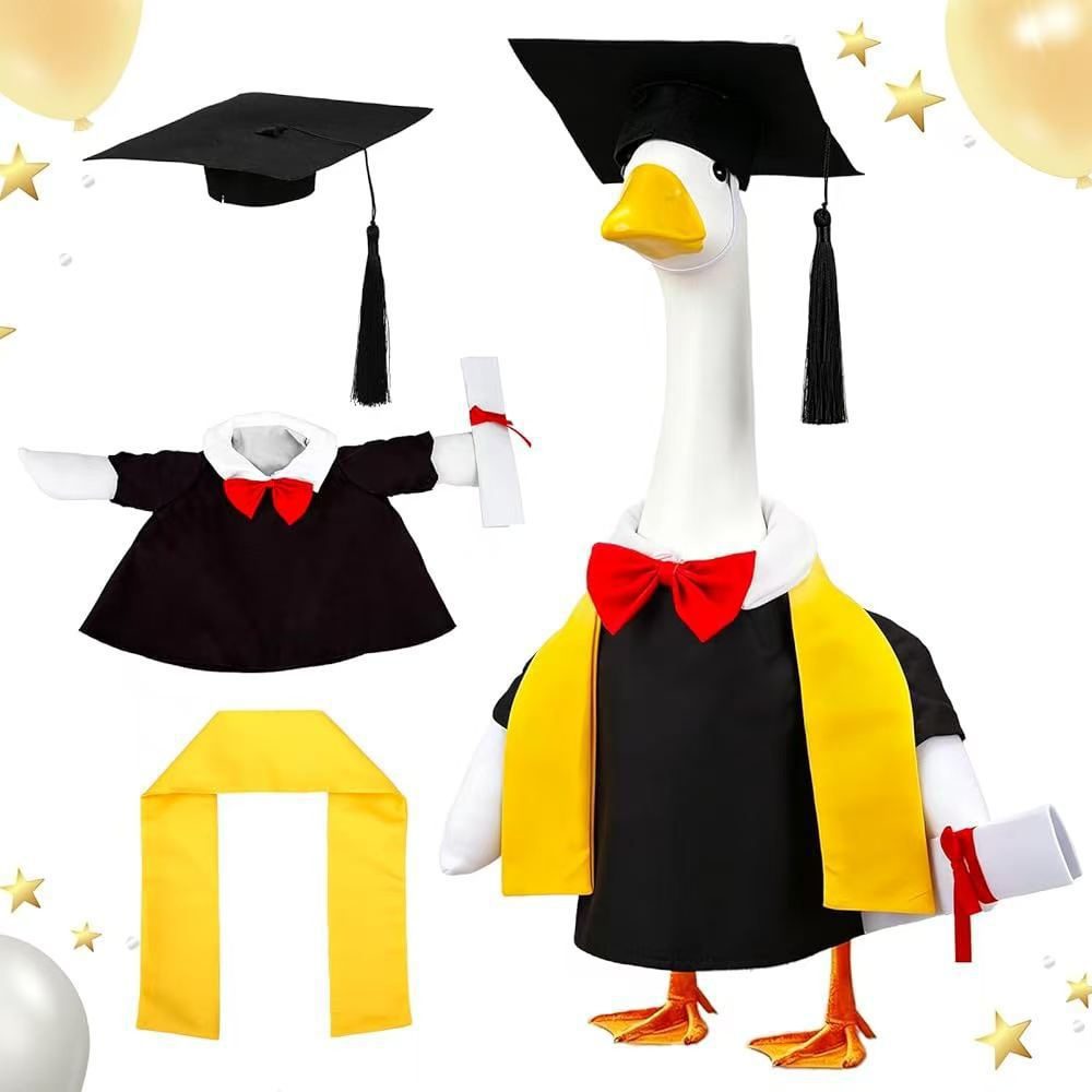 Graduation Doctor Cap Costume Set for 23 Inch Porch Goose, 5-Piece Black Outfit for Graduation Party Lawn Statue Decor