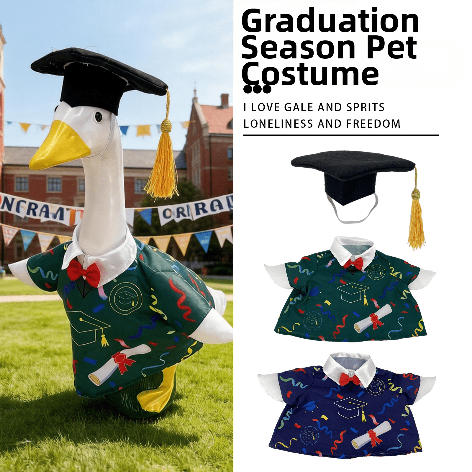 Graduation Season Porch Goose Costume, Student Graduation Gown with Hat for Goose Statue, Classroom, School, Yard & Lawn Decoration