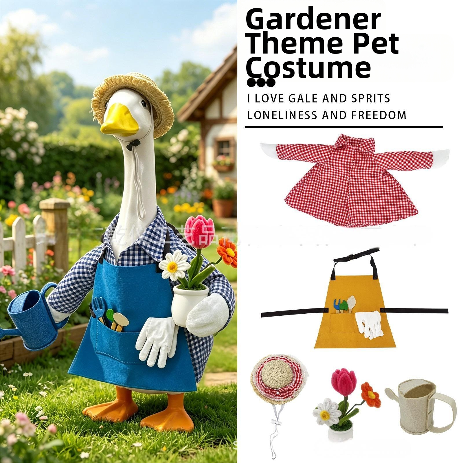 23 Inch Gardener Porch Goose Costume Set, Goose Statue Outfit with Gardening Tools, Scarf, Watering Can & Flower Pot Decor