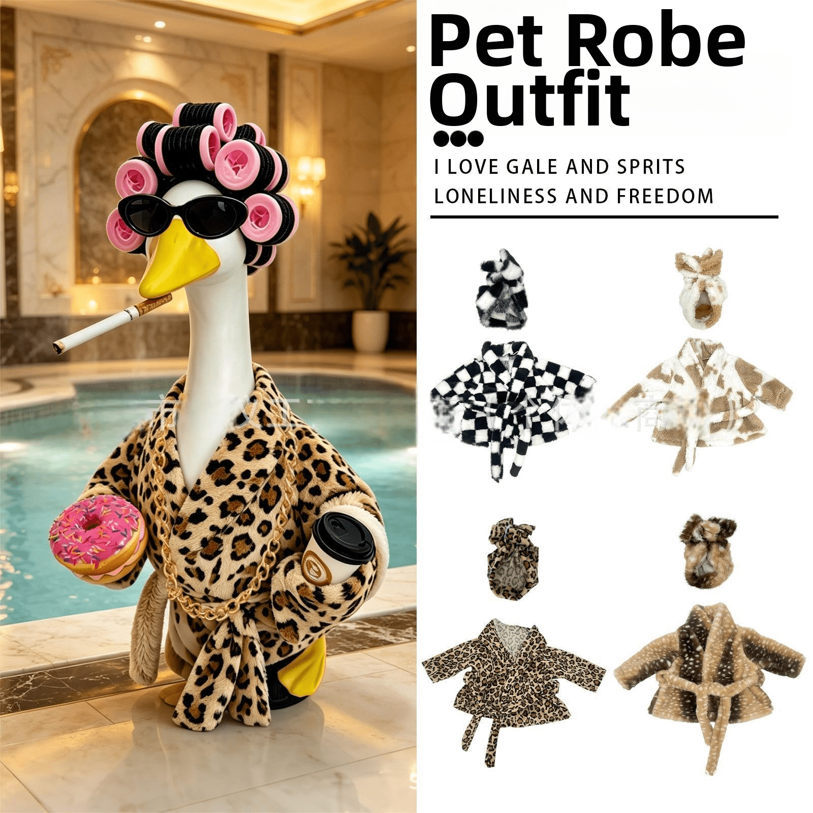 2026 New Casual Bathrobe Set with Hair Curler & Head Scarf for 23 Inch Porch Goose, Leopard Plaid Cow Print Yard Goose Costume for Garden Decor