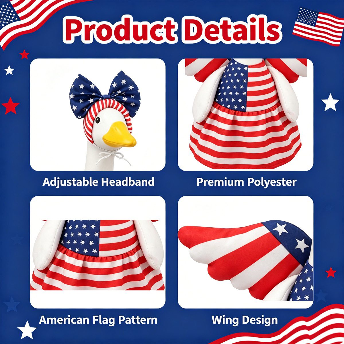 23 Inch Porch Goose Angel Costume Set for Independence Day, Patriotic Outdoor Yard & Porch Goose Statue Decor Outfit - Image 2