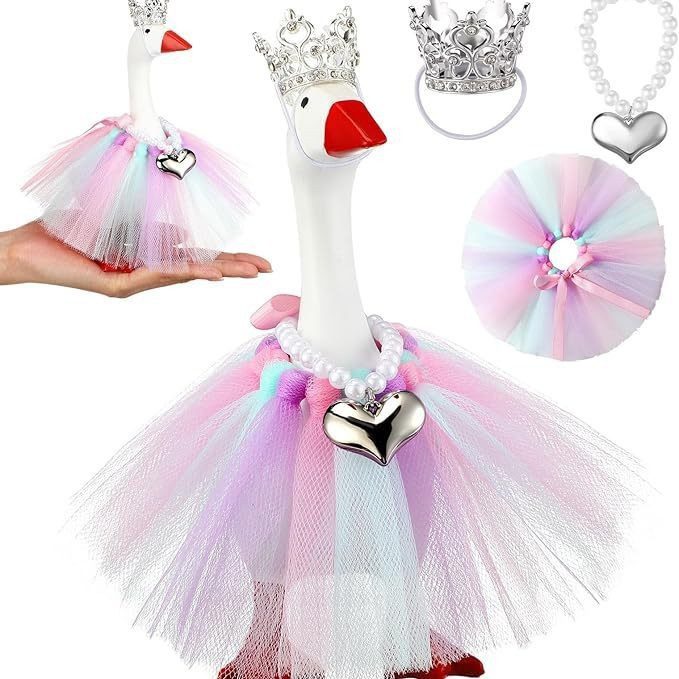 INS Style Mini Desk Goose Crown Hat & Tulle Skirt Set, Heart Necklace Costume for Small Goose Statue Valentine??s Day Pet Decor - Image 2