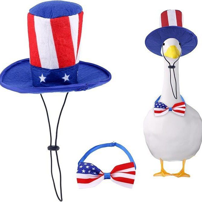Independence Day Porch White Goose Costume Set, Hat Bow Tie & Scarf Party Accessory for Yard Goose Statue - Image 2