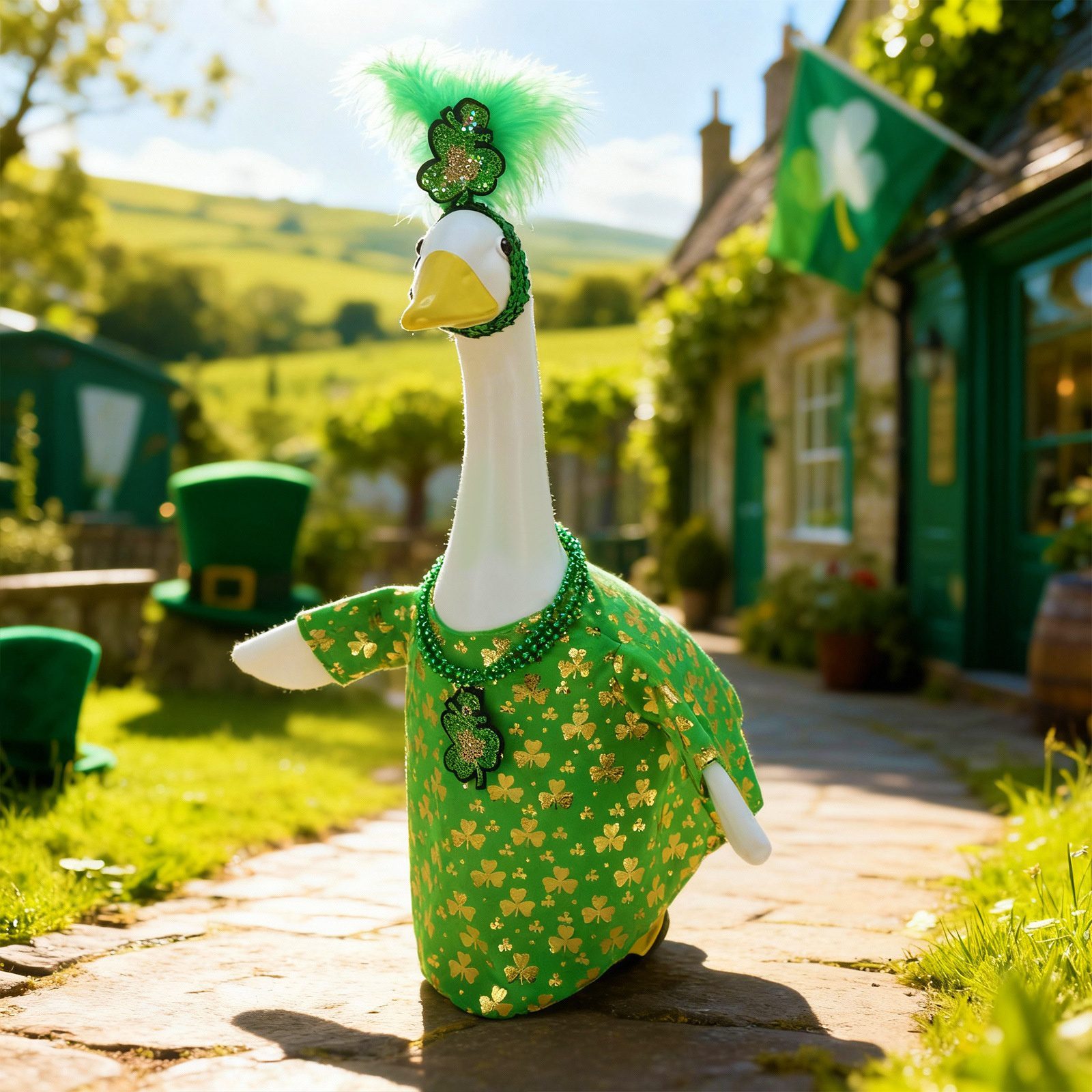 Irish Four-Leaf Clover Porch Goose Costume, Summer Garden Yard Statue Decor Outfit Set - Image 3