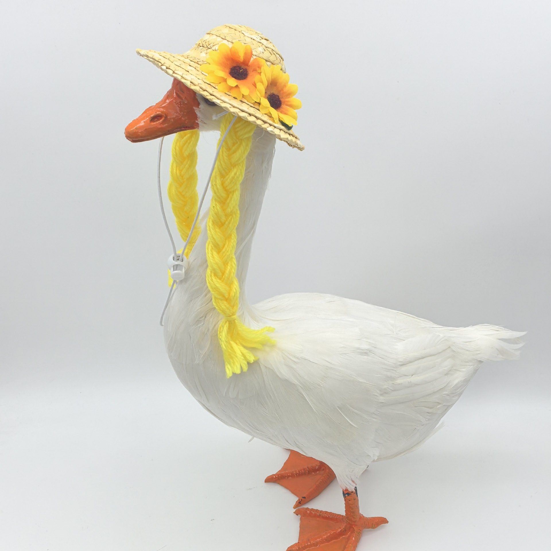 Porch White Goose Straw Wig Hat with Sunflower Floral Print, Summer Pet Mini Straw Hat for Yard Goose Statue Decor - Image 2