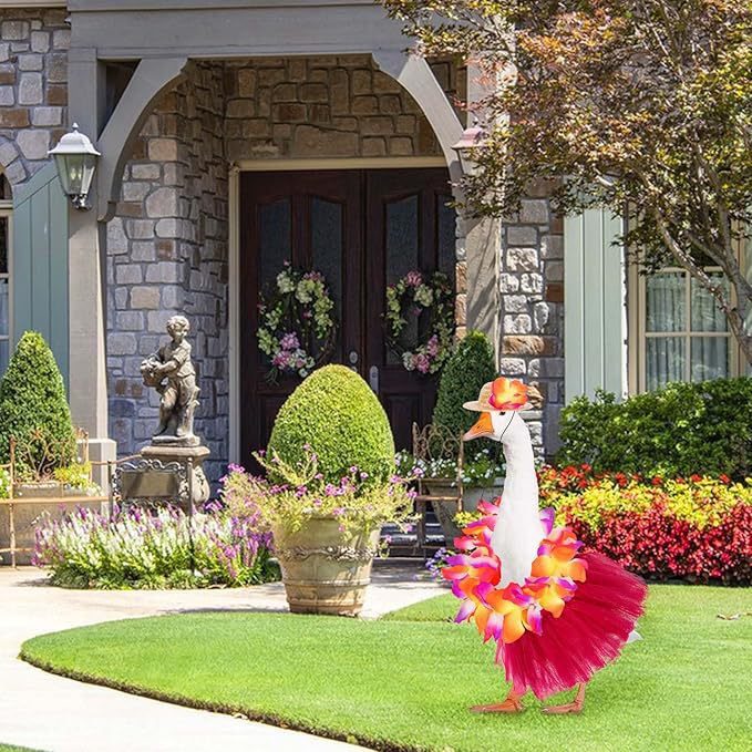 Hawaiian Summer Porch Goose Straw Hat & Floral Wreath Grass Skirt Set, Beach Holiday Floral Pet Costume for Yard Goose Statue Decor - Image 5