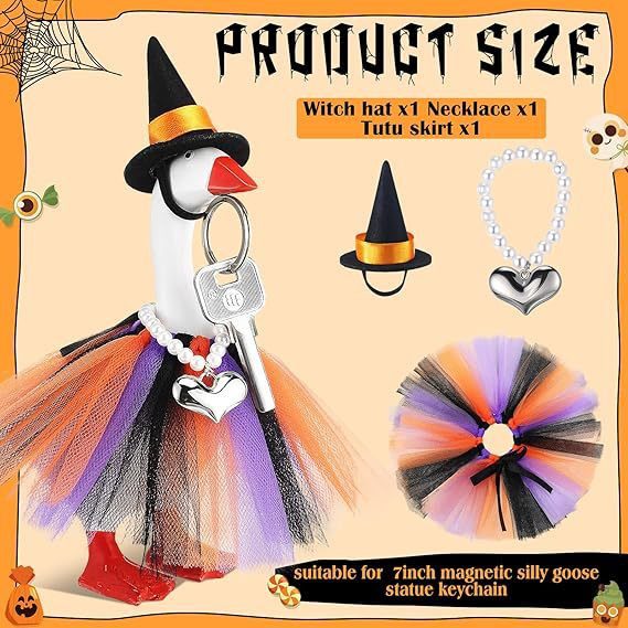 Mini Desk Goose Halloween Hat & Skirt Set with Heart Necklace, Spooky Small Pet Costume Decor Prop for Tabletop Goose Statue - Image 5