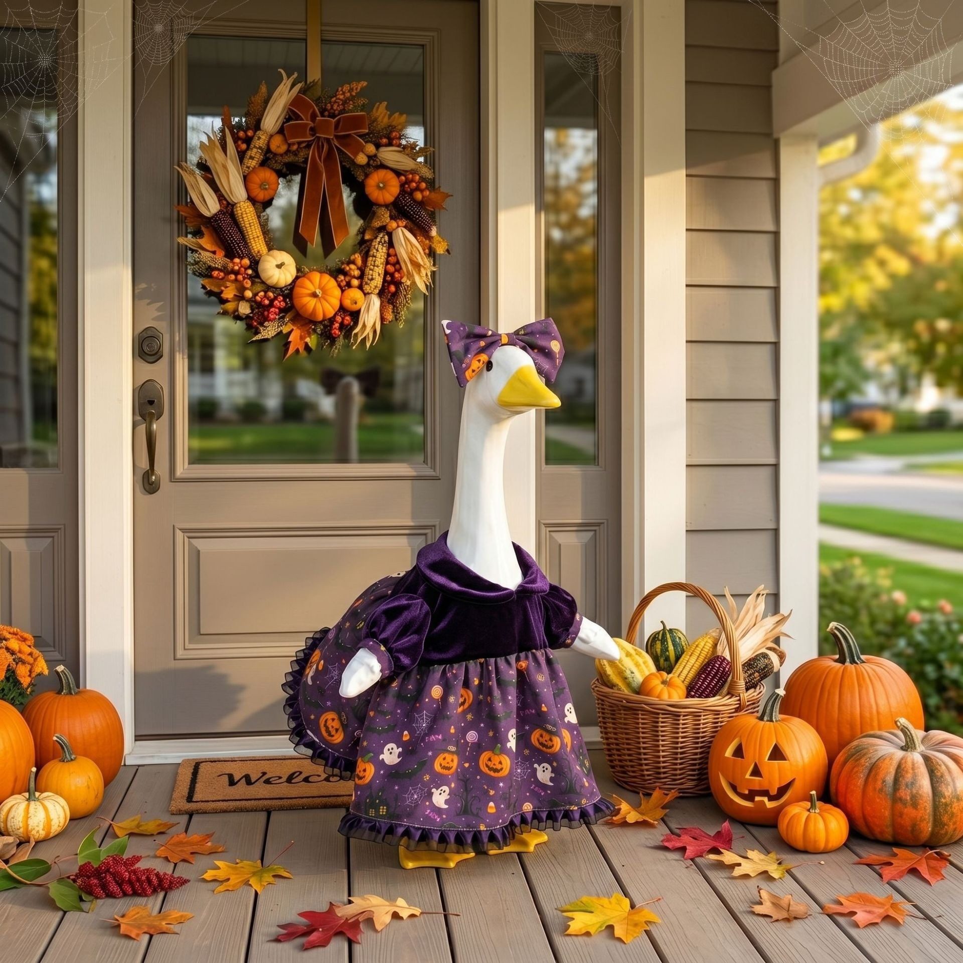 American Style Purple Velvet Printed Porch Goose Costume Set, Halloween Creative Decor Outfit with Skirt & Bowknot for Yard Goose Statue - Image 4
