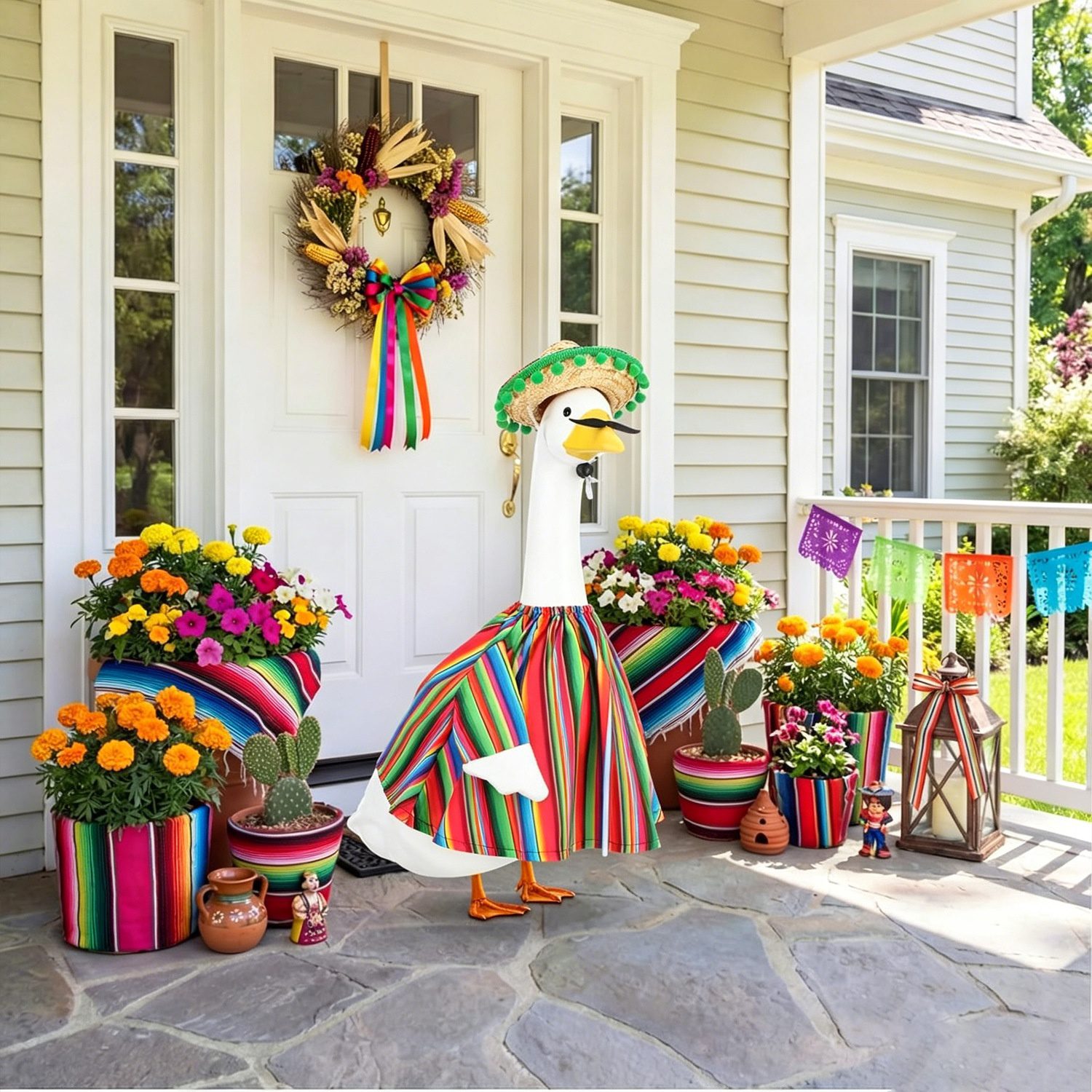 Mexican Carnival Porch Goose Cape Cloak Set with Hat & Glasses, Rural Style Animal Costume for Yard Goose Statue Decoration - Image 3