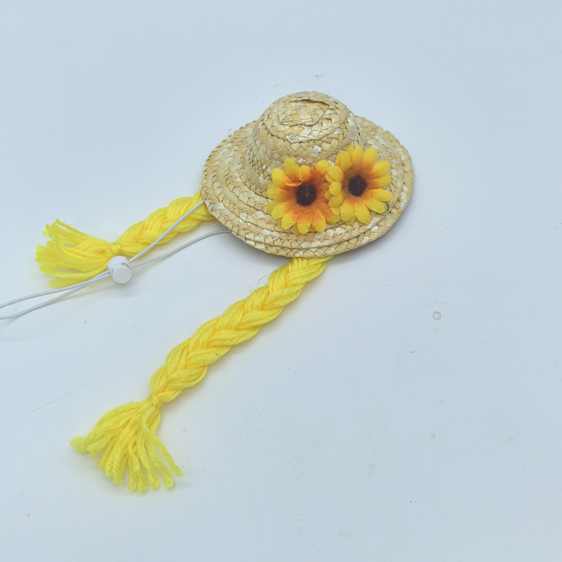 Porch White Goose Straw Wig Hat with Sunflower Floral Print, Summer Pet Mini Straw Hat for Yard Goose Statue Decor - Image 3