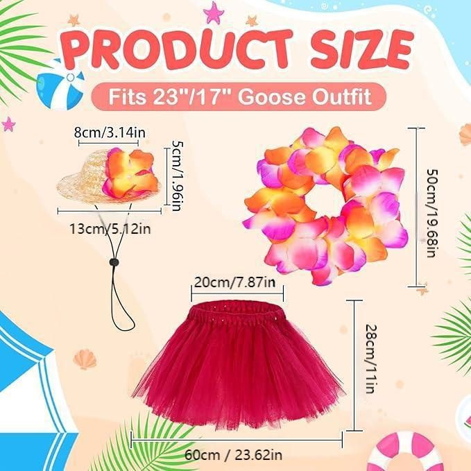 Hawaiian Summer Porch Goose Straw Hat & Floral Wreath Grass Skirt Set, Beach Holiday Floral Pet Costume for Yard Goose Statue Decor - Image 4