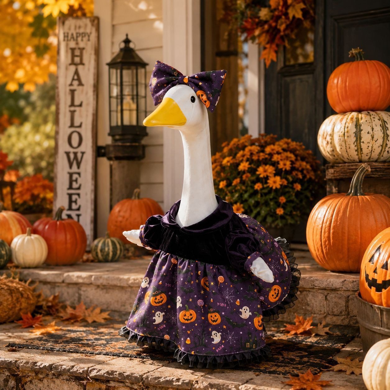 American Style Purple Velvet Printed Porch Goose Costume Set, Halloween Creative Decor Outfit with Skirt & Bowknot for Yard Goose Statue - Image 3