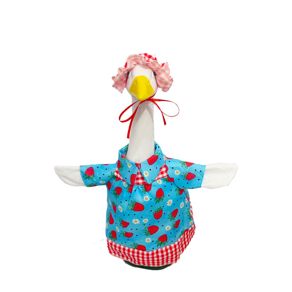 Cute Country Style Porch Goose Costume, Original Blue Strawberry Red Plaid Outfit, Sweet Trendy Yard Goose Decor - Image 3