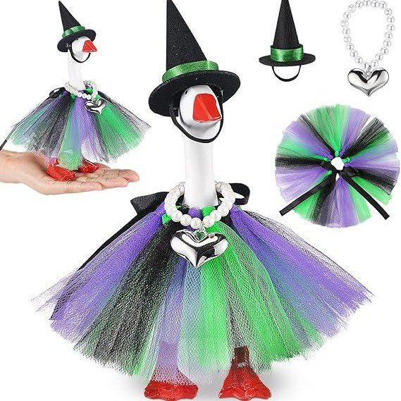 Mini Desk Goose Halloween Hat & Skirt Set with Heart Necklace, Spooky Small Pet Costume Decor Prop for Tabletop Goose Statue - Image 3