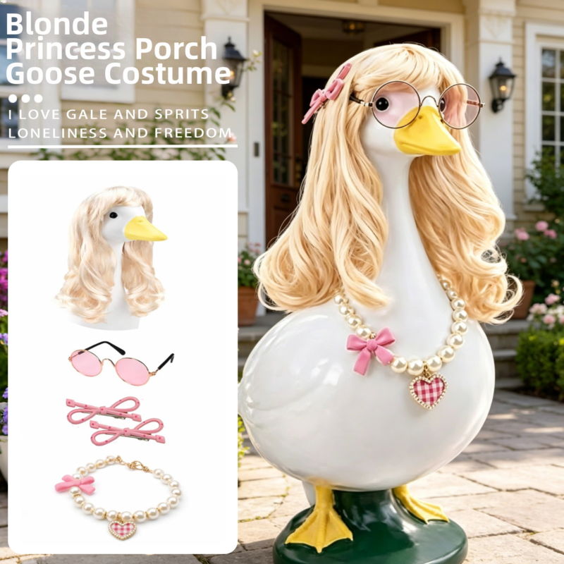 Blonde Princess Porch Goose Costume, Polyester All-Season Decor Outfit for 23 Inch Yard Goose Statue Summer Lawn & Courtyard Display