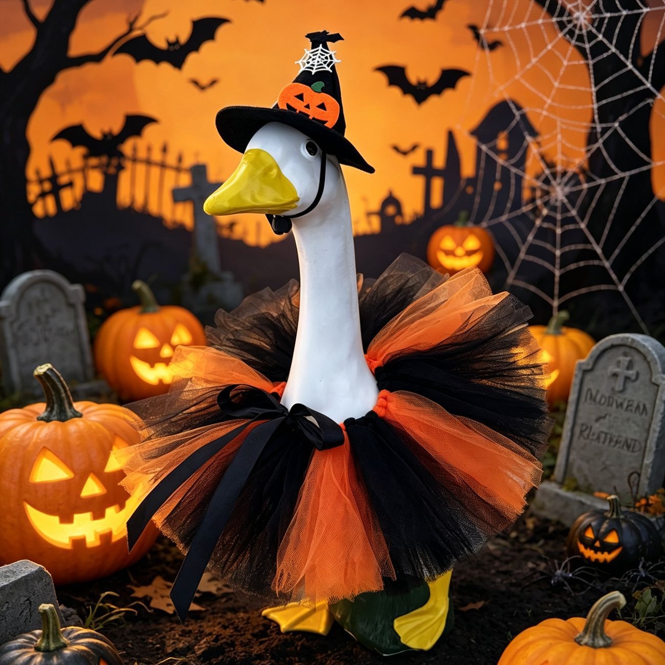 Halloween Rainbow Crown Skirt Porch Goose Costume, Bee Style Cloth Outfit in Orange & Purple for 23 Inch Cement Yard