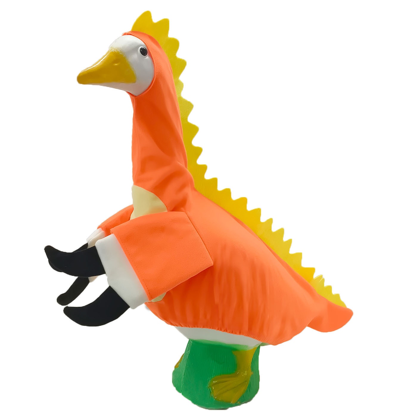 Handmade Pastoral Dinosaur Porch Goose Outfits, Wearable Cloth Outfit in Green & Orange for 23 Inch Yard Goose Statue