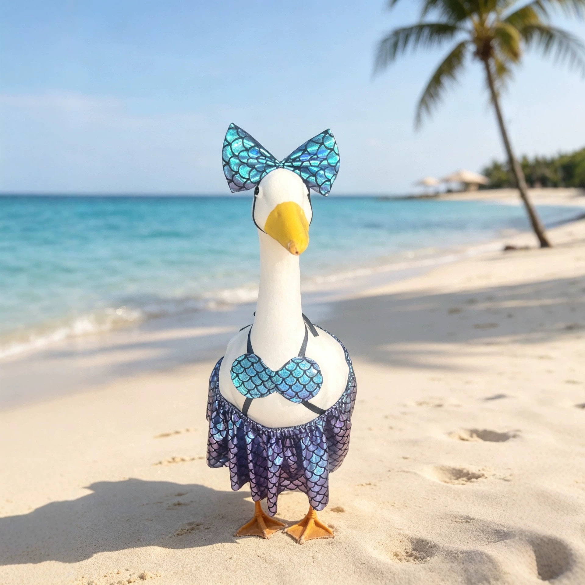 Mermaid Princess Sequined Porch Goose Outfit, Iridescent Fish Scale Beach Party Costume for Yard Goose Statues