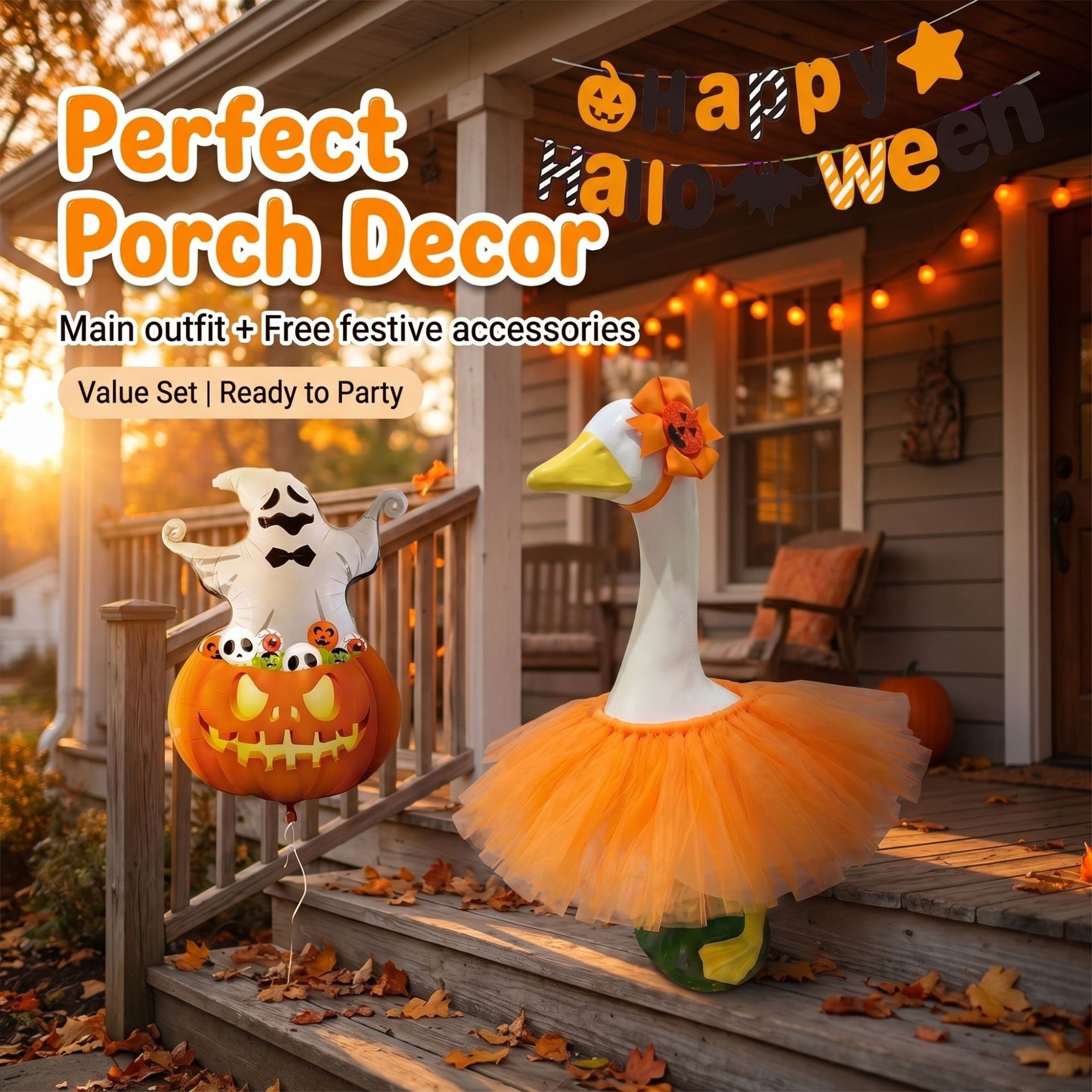 Halloween Tutu Skirt Outfit Set for 23 Inch Porch Goose Statues, Headpiece, Skirt, Decor Flag & Pumpkin Balloon Garden Lawn Goose Costume