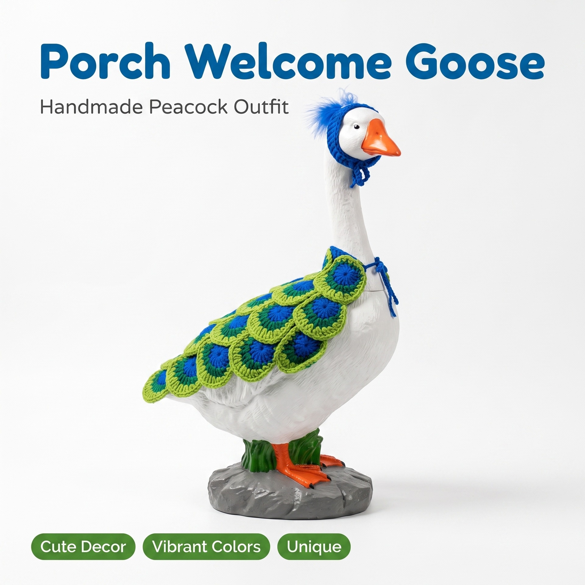 Jungle Peacock Costume for 17-23 Inch Porch Goose Statues, Green Simple Style Lawn Goose Summer Decor Outfit