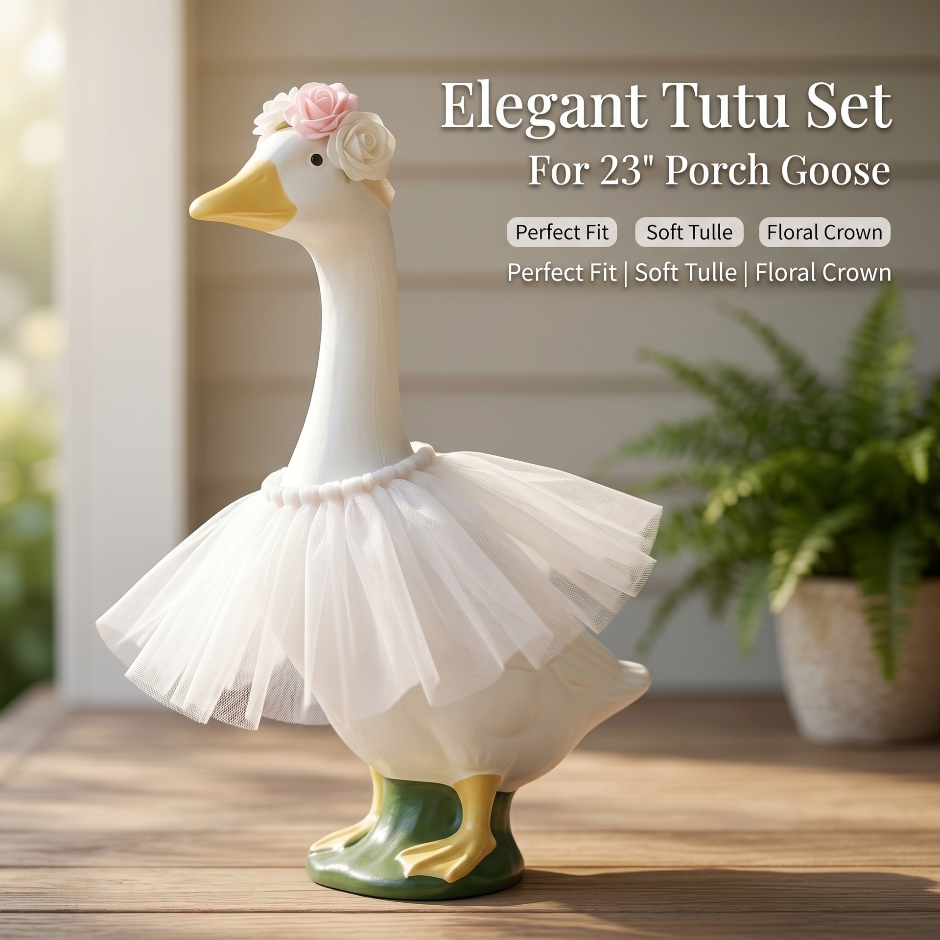 23 Inch Porch Goose Tulle Tutu Skirt Set, Headpiece & Fluffy Gauze Dress for Garden Lawn Yard Goose Statue Decor
