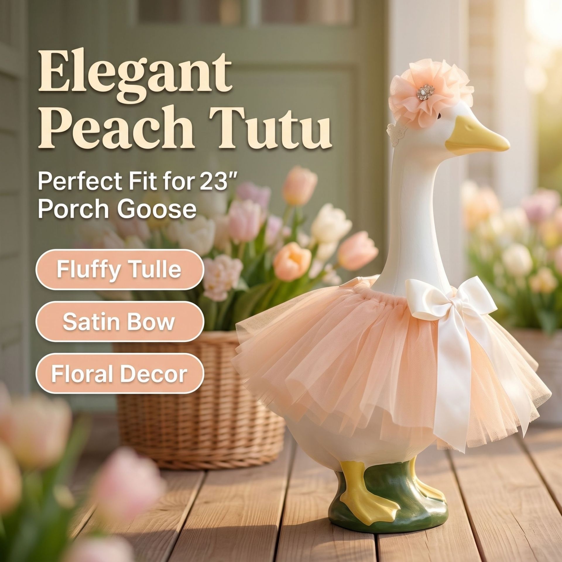 23 Inch Porch Goose Tulle Tutu Skirt Set, Headpiece & Fluffy Gauze Outfit for Garden Lawn Yard Goose Statue Decor