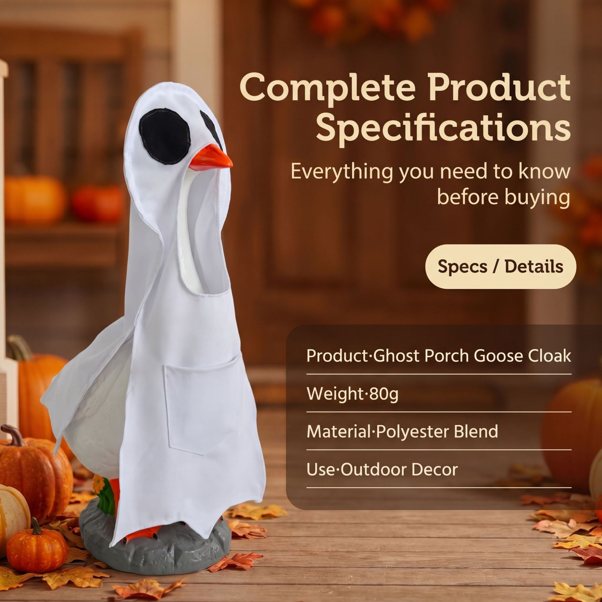 White Ghost Costume for 23 Inch Porch Goose Statues, Minimalist Polyester Halloween Lawn Goose Decor Outfit