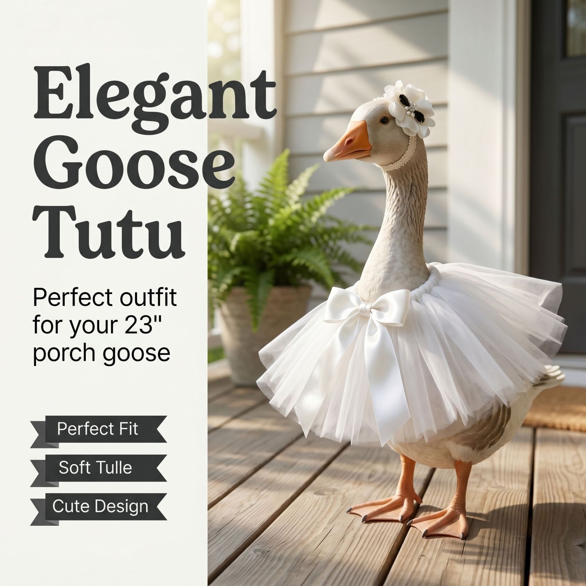 23 Inch Porch Goose Tulle Tutu Skirt Set, Decorative Headpiece & Fluffy Gauze Dress for Lawn Garden Goose Statue Yard Decor