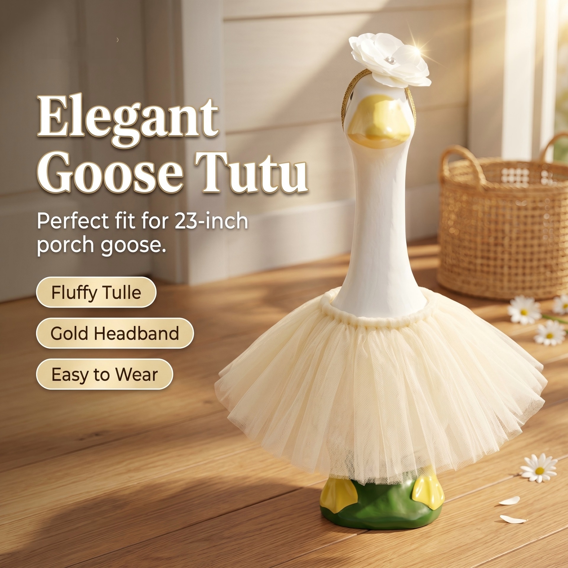 23 Inch Porch Goose Tulle Tutu Skirt Set, Decorative Headpiece & Fluffy Gauze Outfit for Garden Lawn Yard Goose Statue Decor