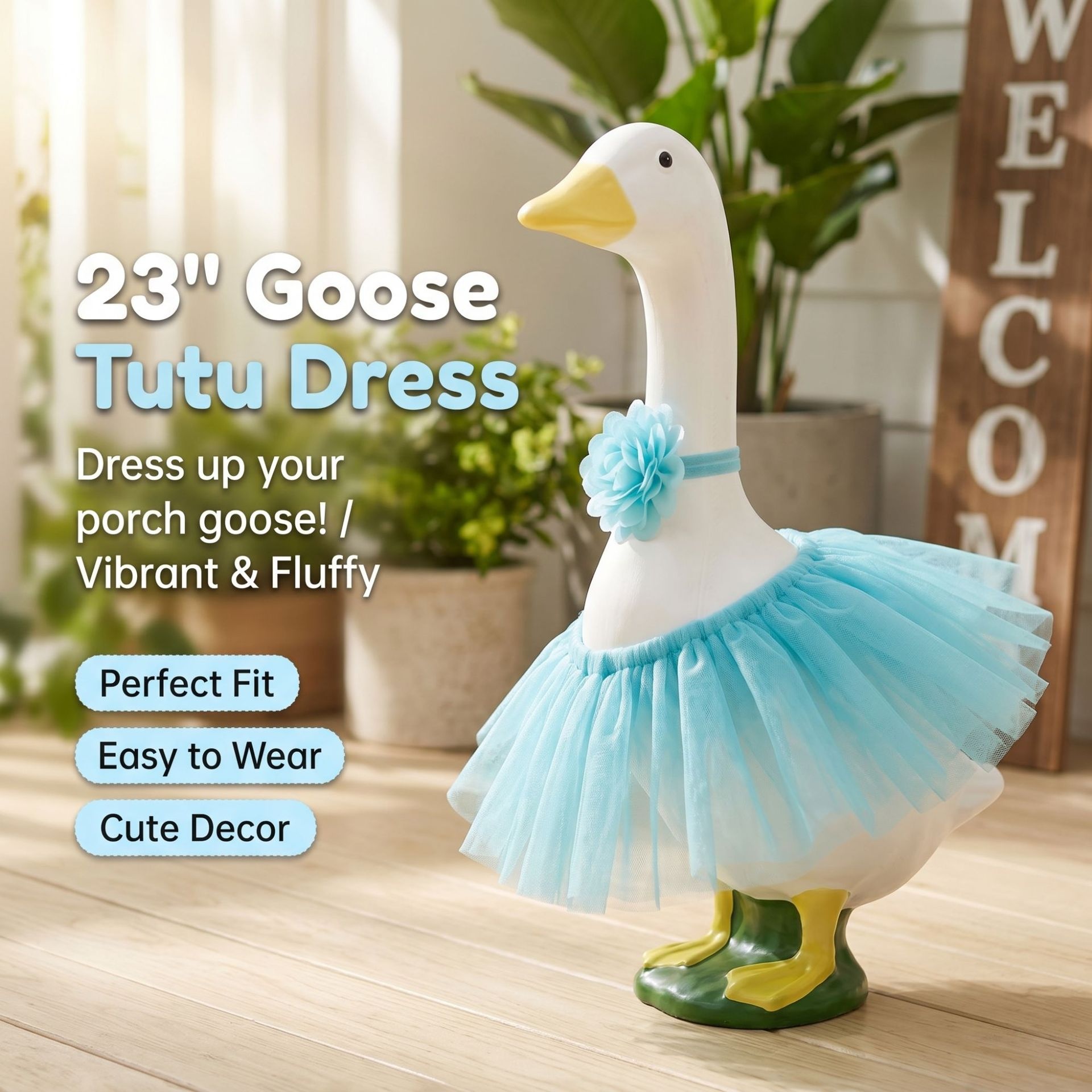 23 Inch Porch Goose Tulle Tutu Skirt Set, Decorative Headpiece & Fluffy Gauze Outfit for Garden Lawn Yard Goose Statue Decor