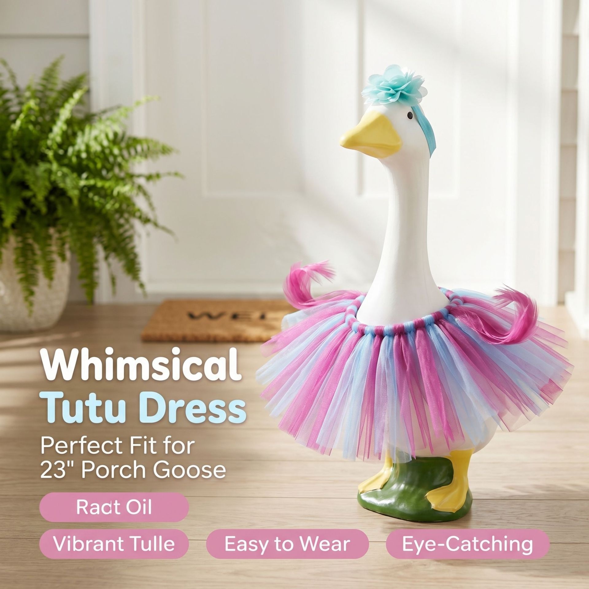23 Inch Porch Goose Tulle Tutu Skirt Set, Decorative Headpiece & Fluffy Gauze Outfit for Garden Lawn Yard Goose Statue Decor