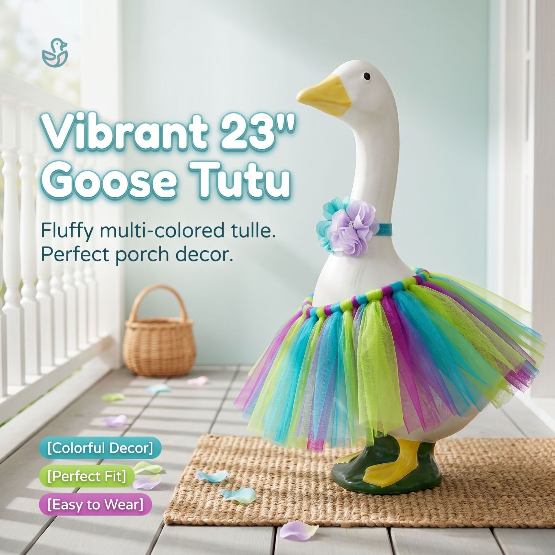 23 Inch Porch Goose Tulle Tutu Skirt Set, Decorative Headpiece & Fluffy Gauze Outfit for Garden Lawn Yard Goose Statue Decor