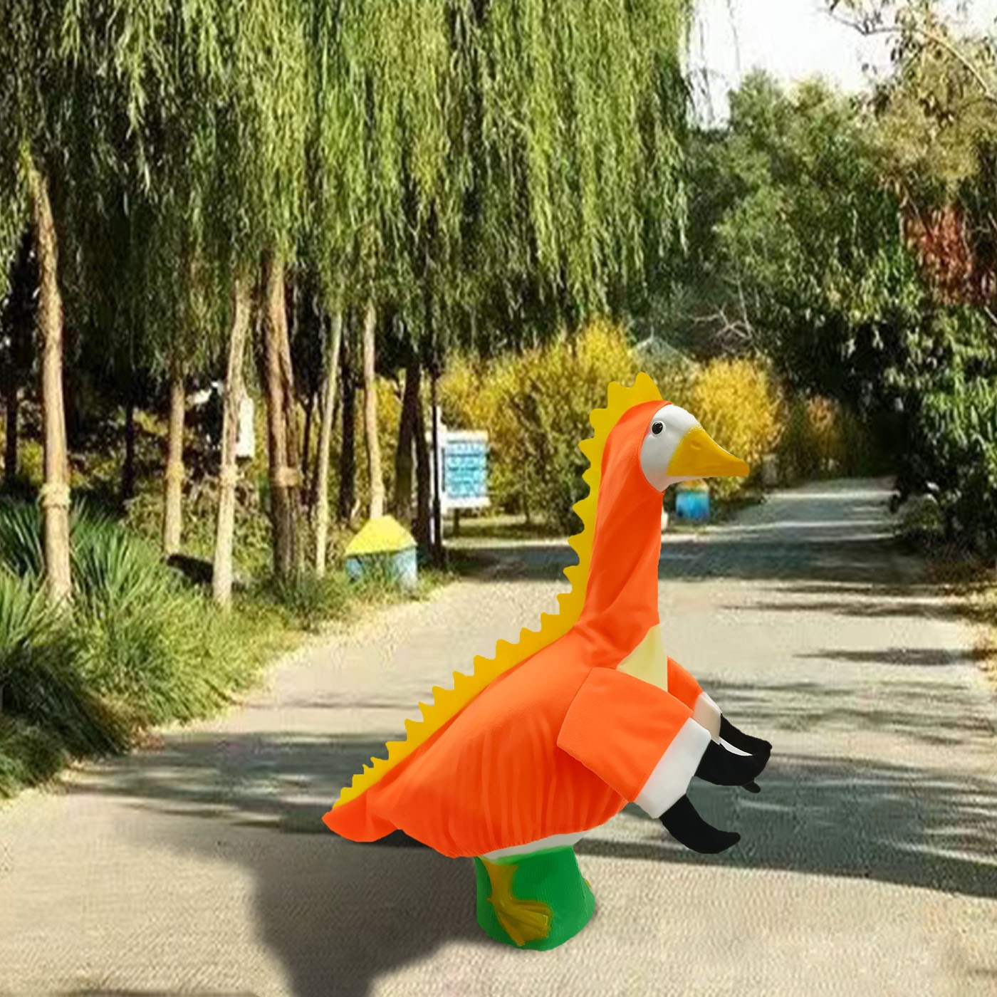 Handmade Pastoral Dinosaur Porch Goose Outfits, Wearable Cloth Outfit in Green & Orange for 23 Inch Yard Goose Statue - Image 2